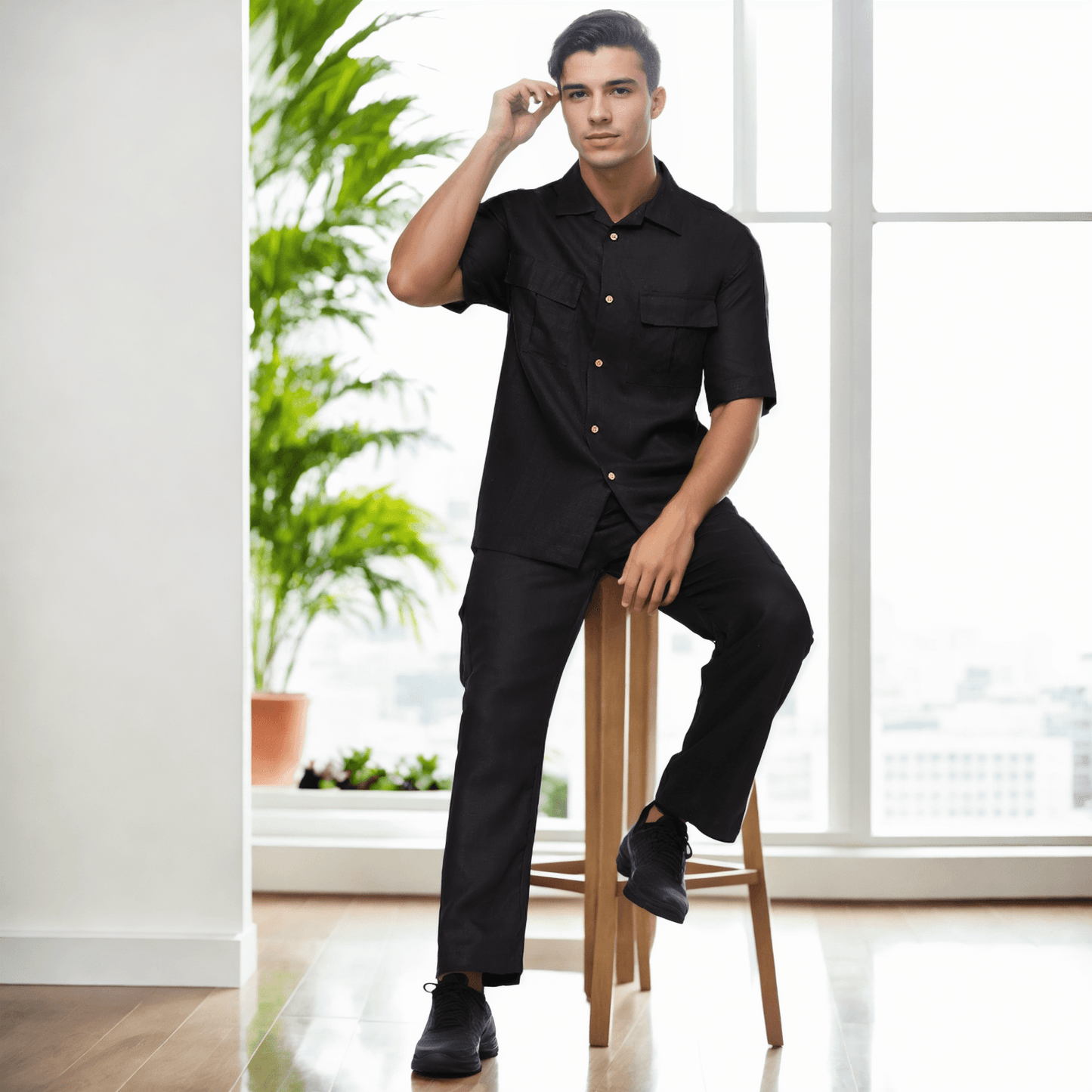 Solid Colour Pure Linen Co-ord Sets - Black - Funny Bones Clothings