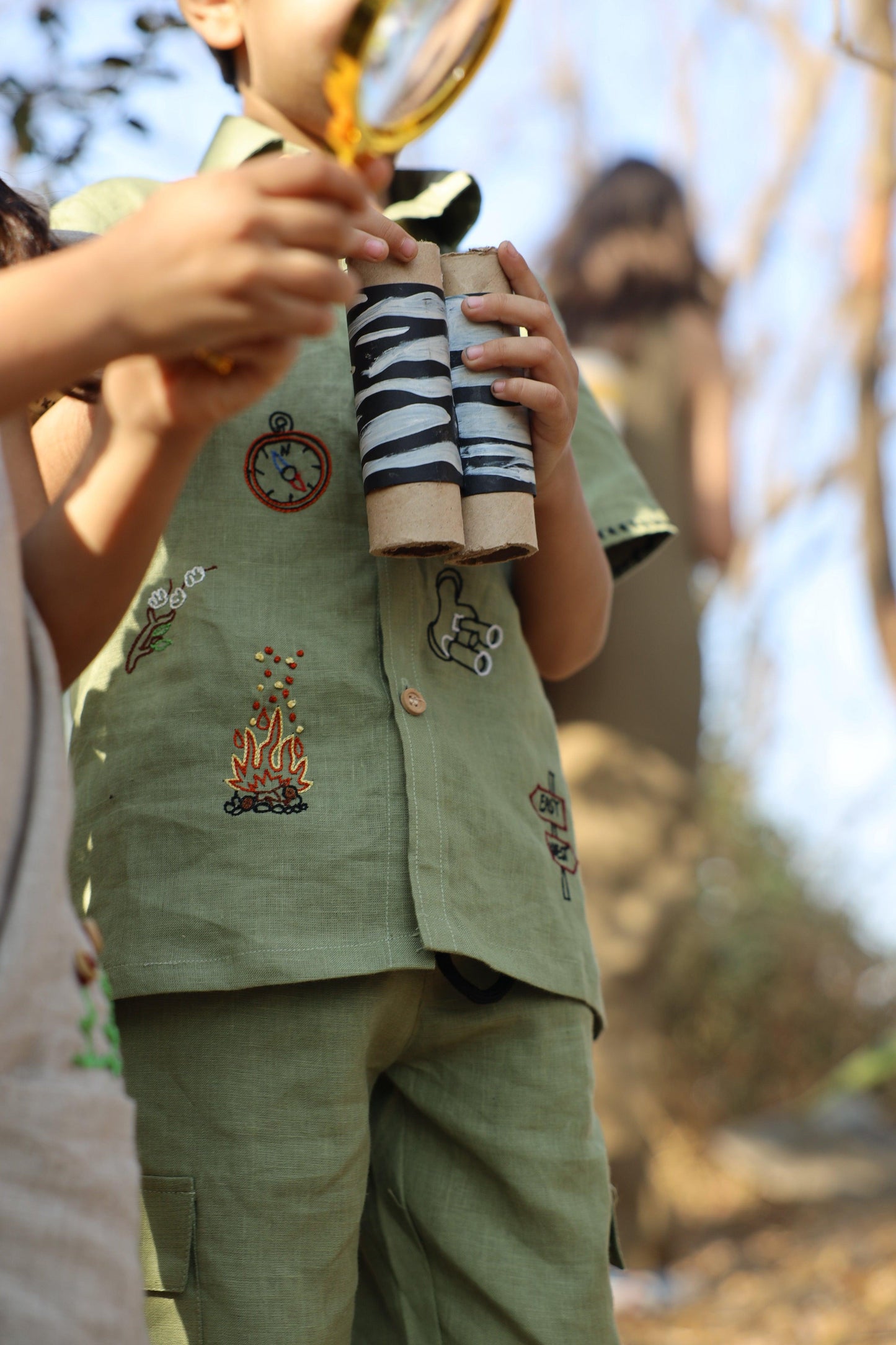 The Gilded Trails And Tent inspired Pure Linen Handwork Unisex Coord Set - Green