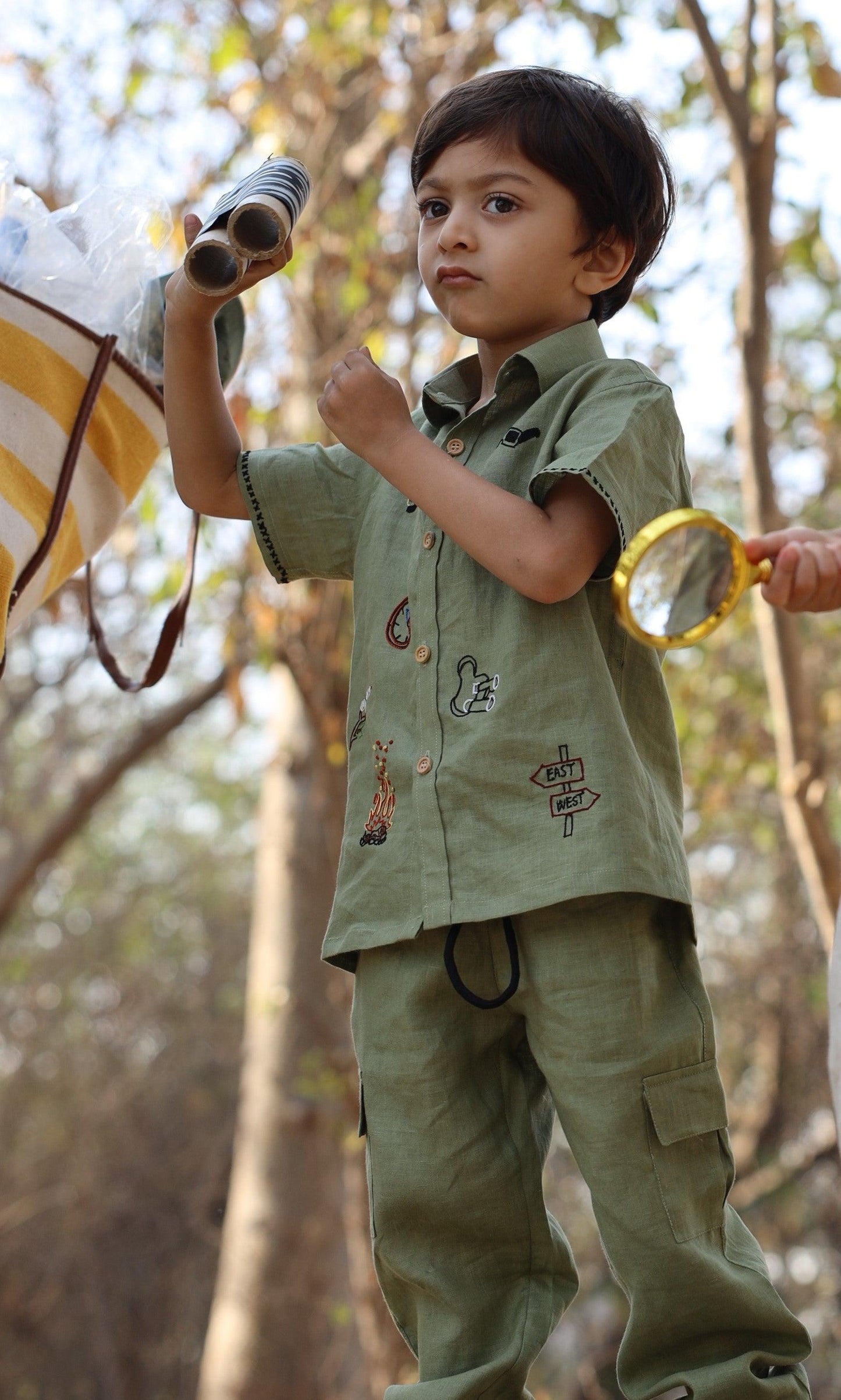 The Gilded Trails And Tent inspired Pure Linen Handwork Unisex Coord Set - Green