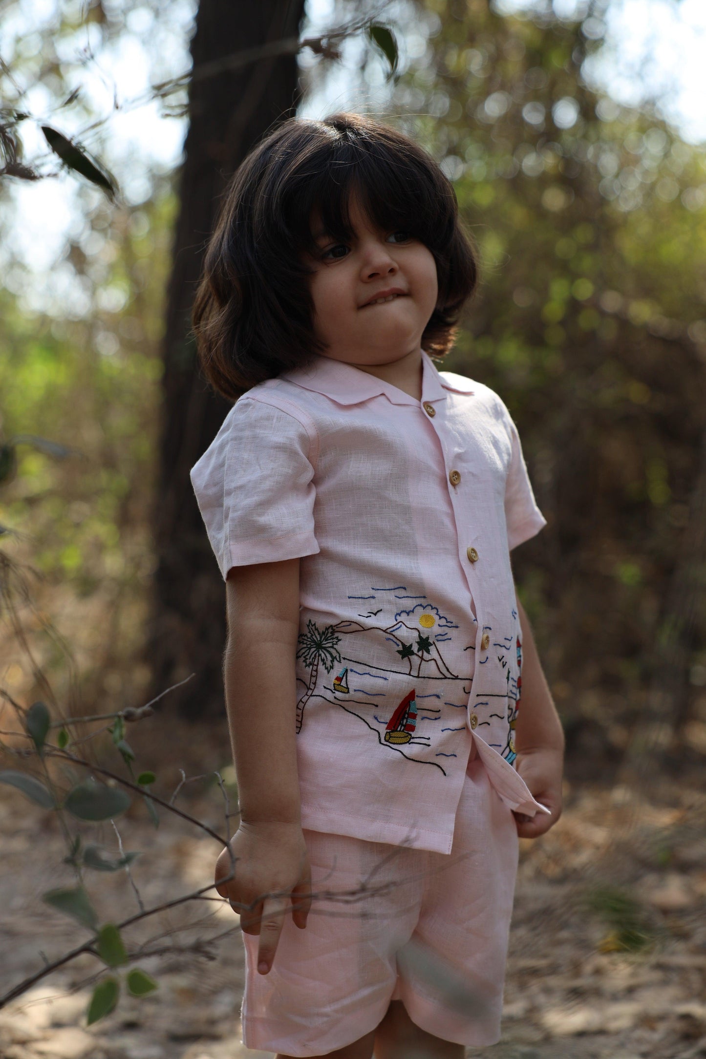 The Serenity By The Shore inspired Pure Linen Handwork Unisex Coord Set - Pink