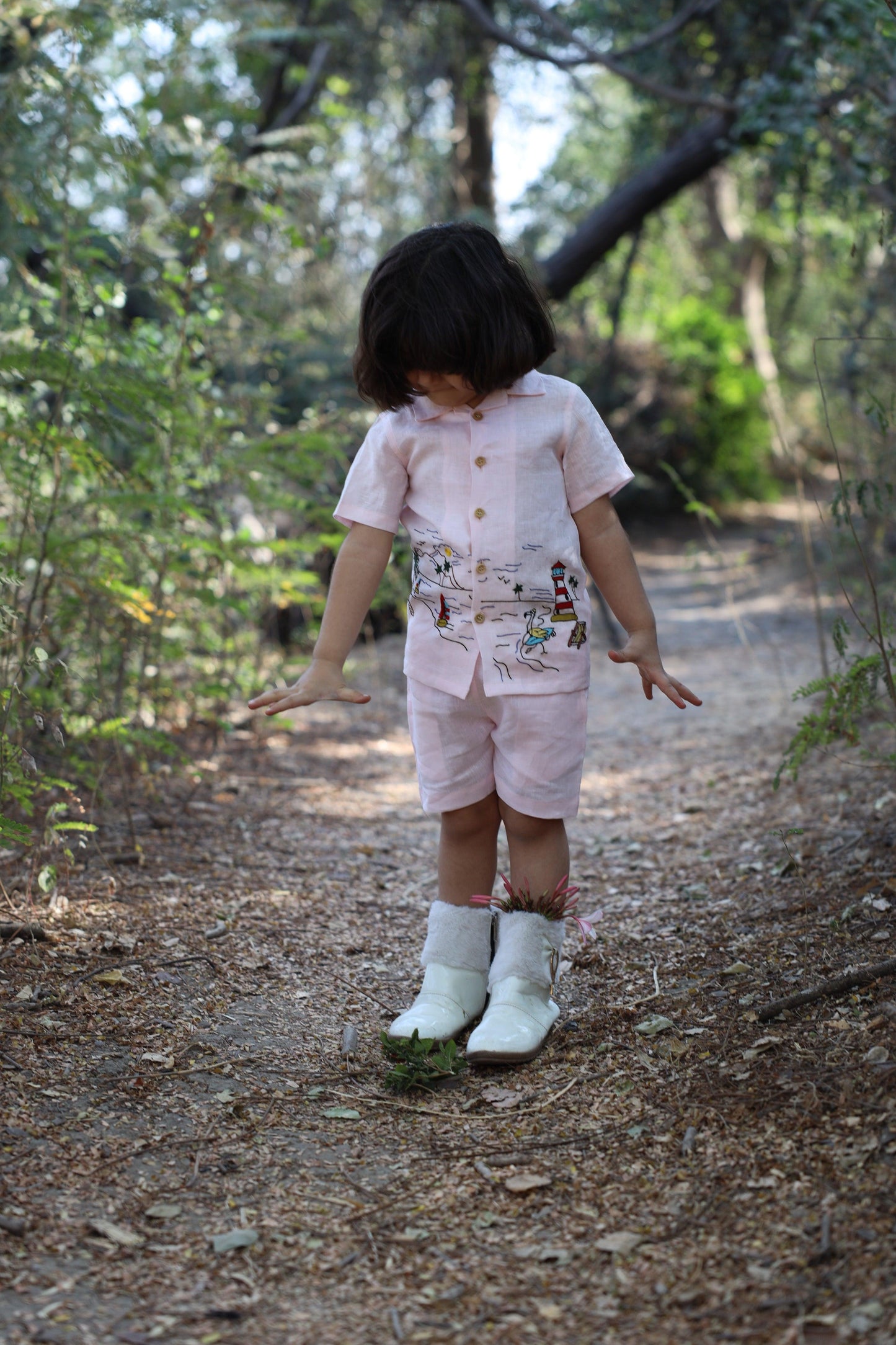 The Serenity By The Shore inspired Pure Linen Handwork Unisex Coord Set - Pink