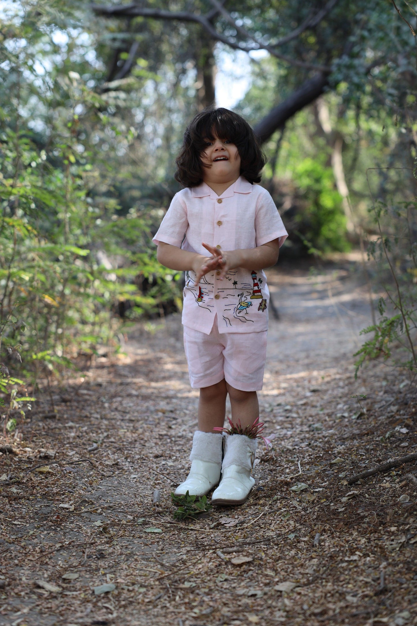 The Serenity By The Shore inspired Pure Linen Handwork Unisex Coord Set - Pink
