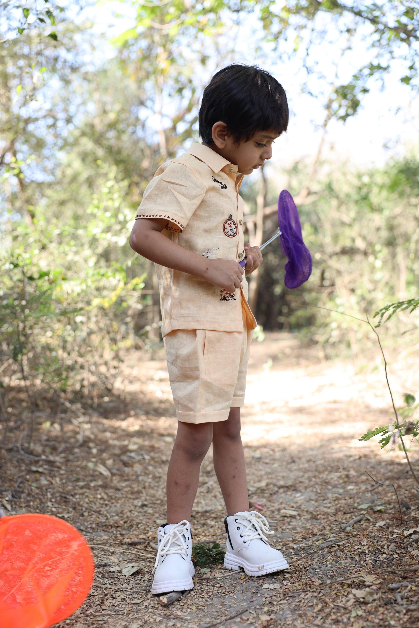 The Gilded Trails And Tent inspired Pure Linen Handwork Unisex Coord Set - Peach