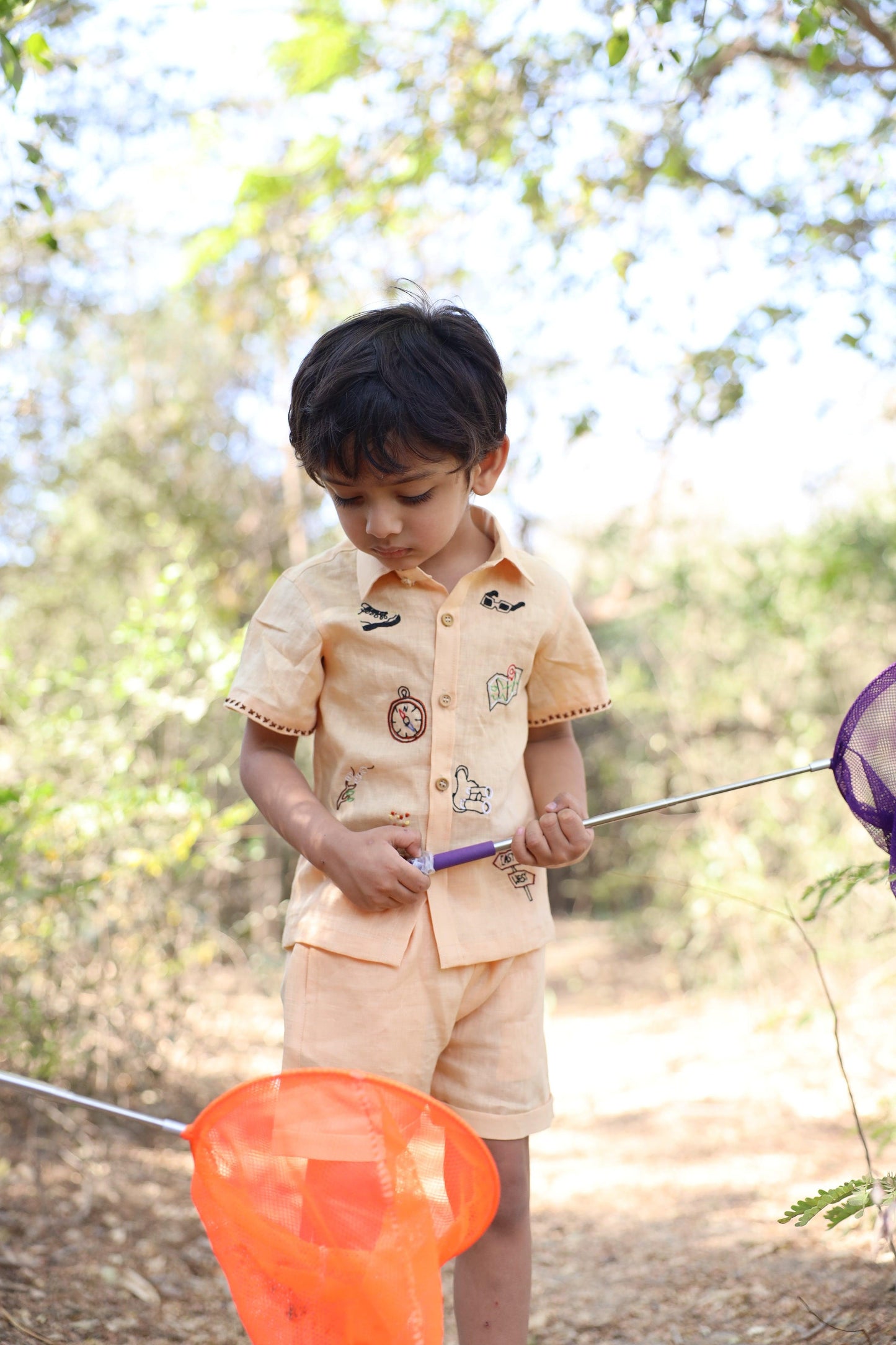 The Gilded Trails And Tent inspired Pure Linen Handwork Unisex Coord Set - Peach