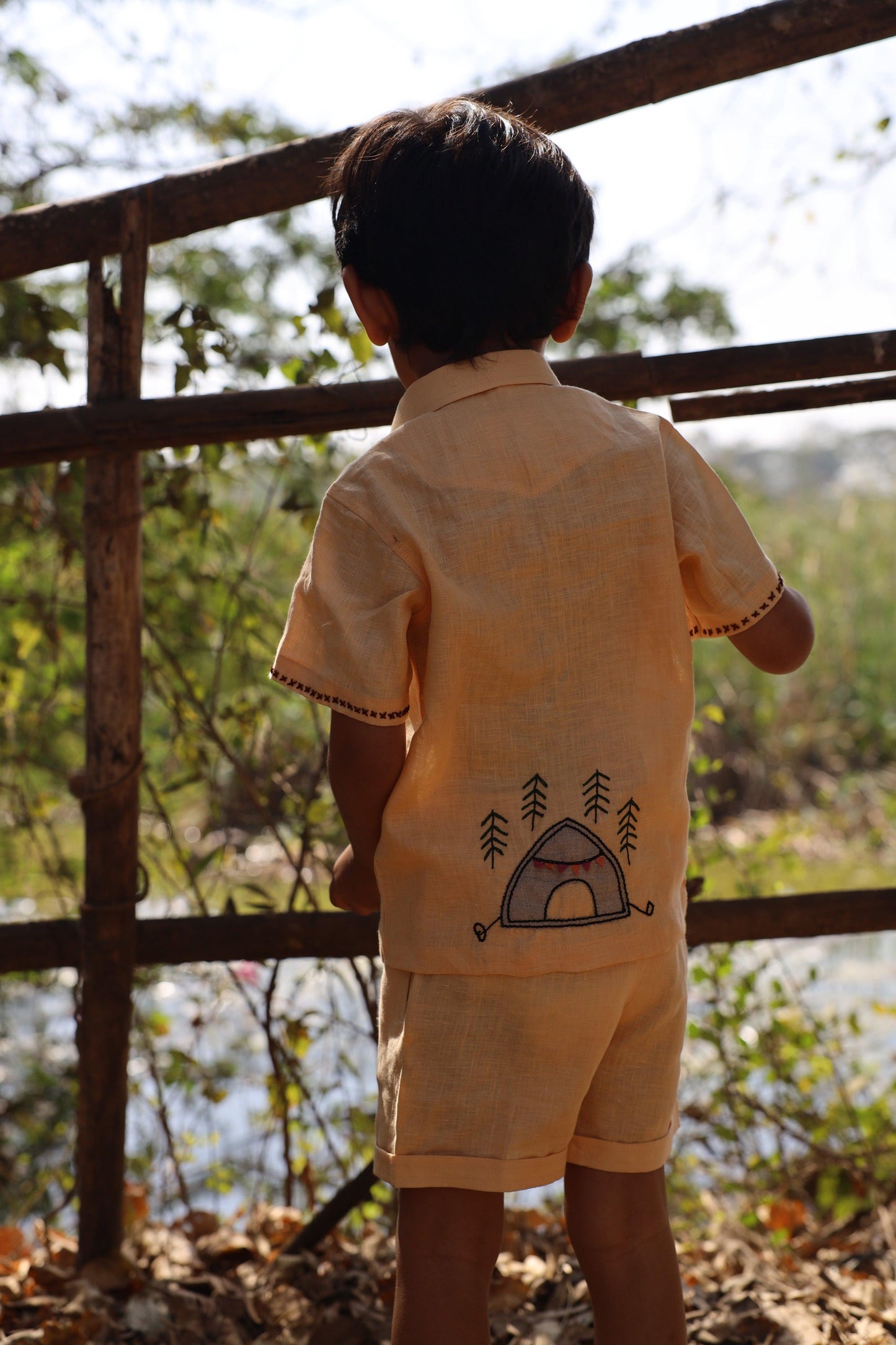 The Gilded Trails And Tent inspired Pure Linen Handwork Unisex Coord Set - Peach