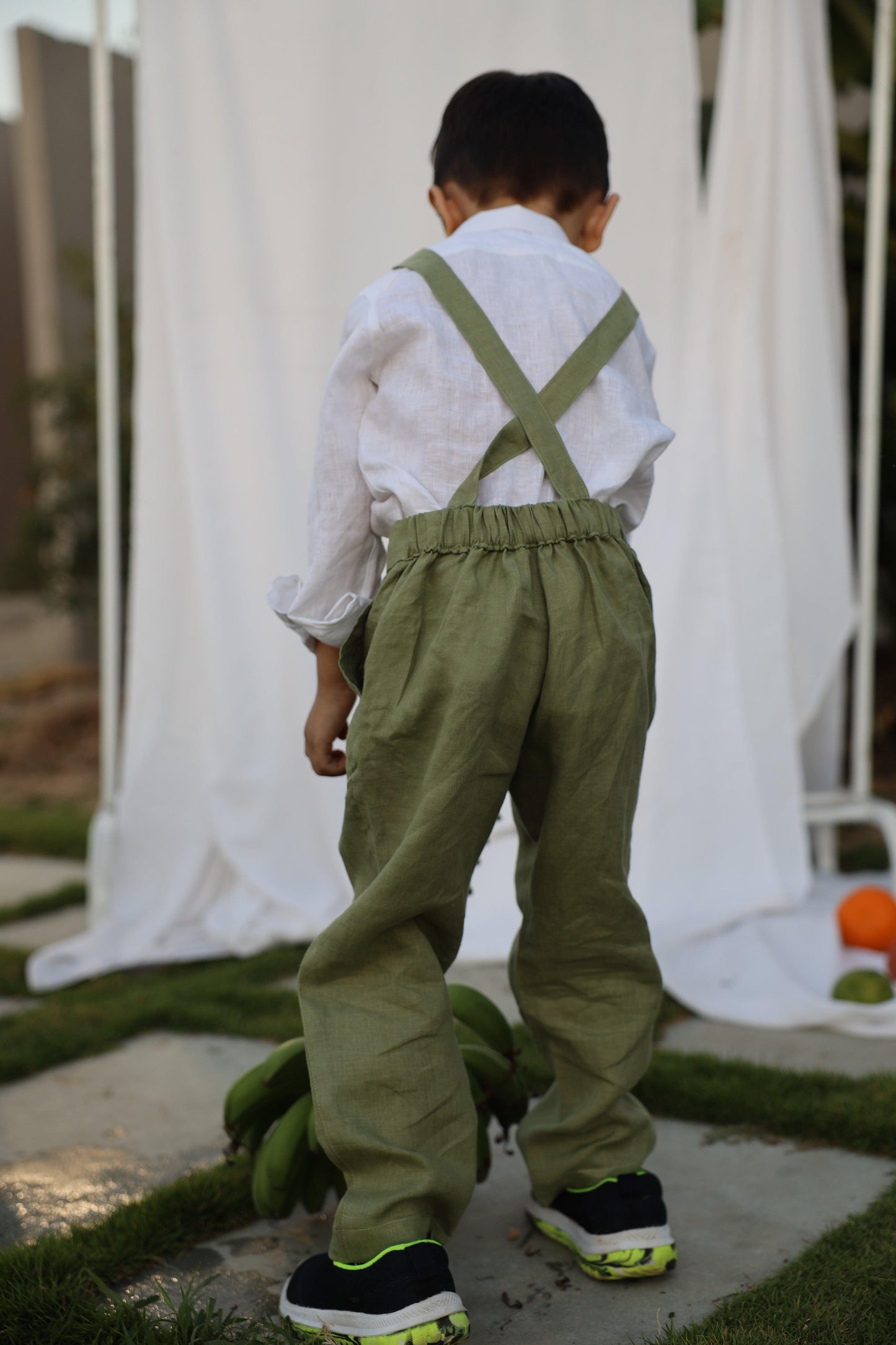 Country Chic Pure Linen Shirt Pants Suspendor Outfit Set - Olive Green Colour