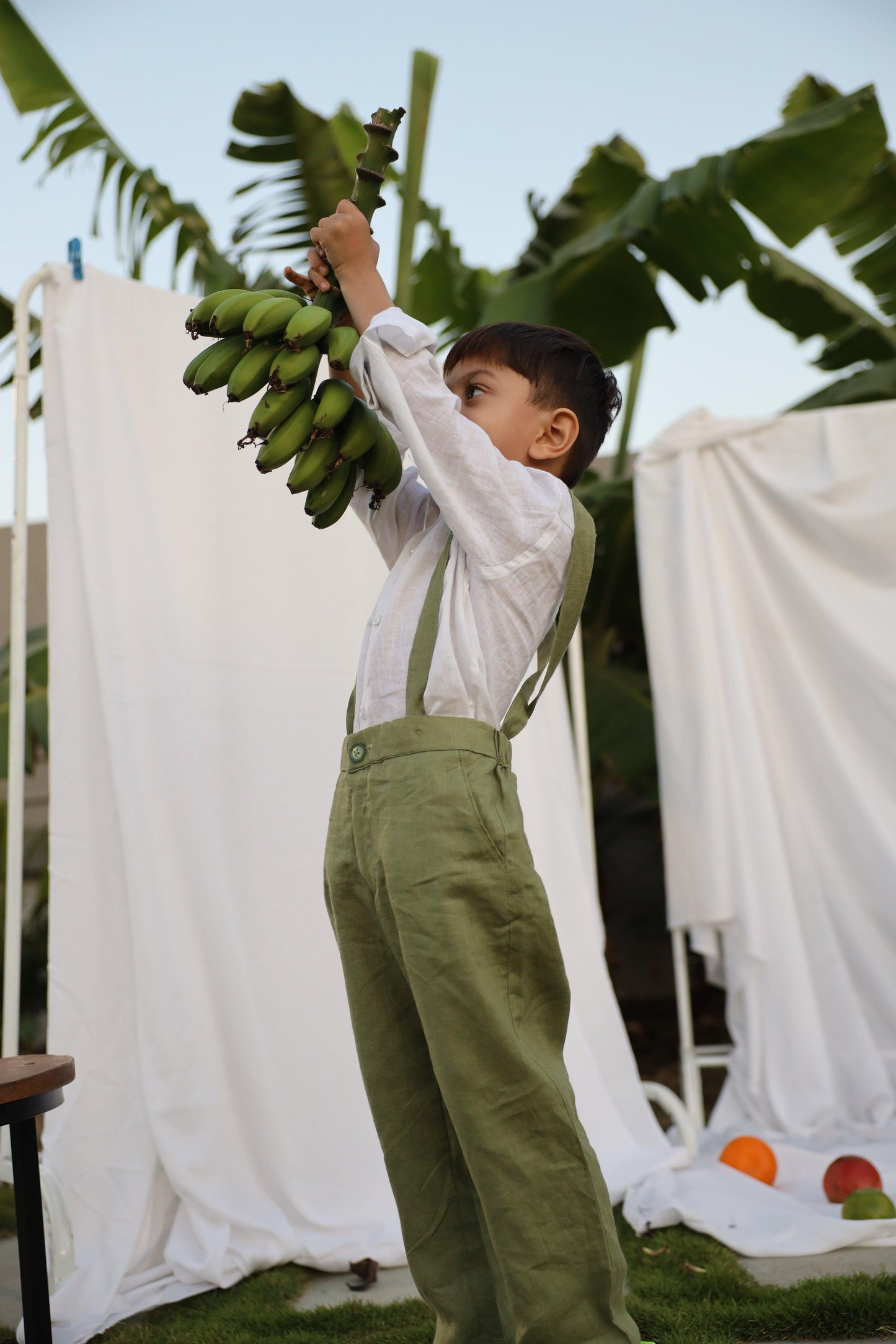 Country Chic Pure Linen Shirt Pants Suspendor Outfit Set - Olive Green Colour