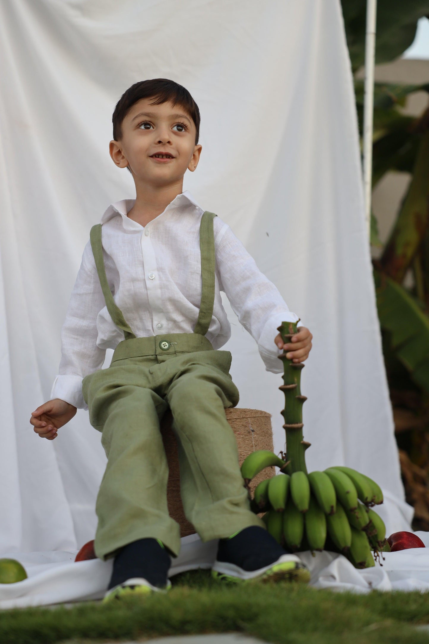 Country Chic Pure Linen Shirt Pants Suspendor Outfit Set - Olive Green Colour