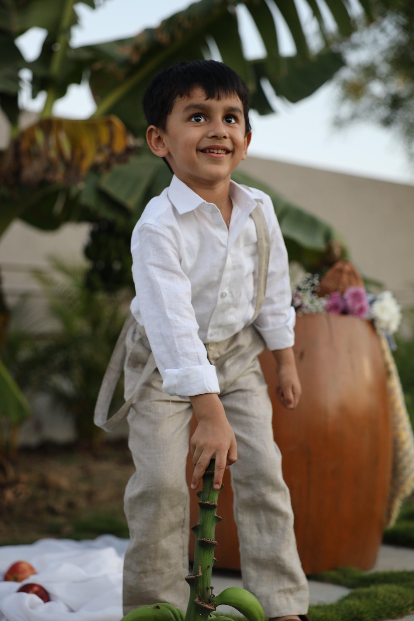 Country Chic Pure Linen Shirt Pants Suspendor Outfit Set - Khakhi Colour