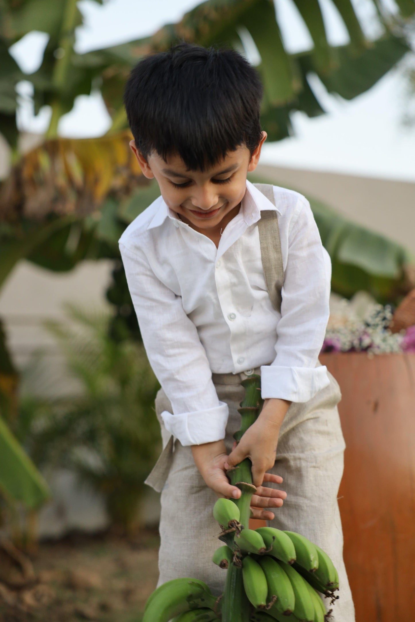 Country Chic Pure Linen Shirt Pants Suspendor Outfit Set - Khakhi Colour