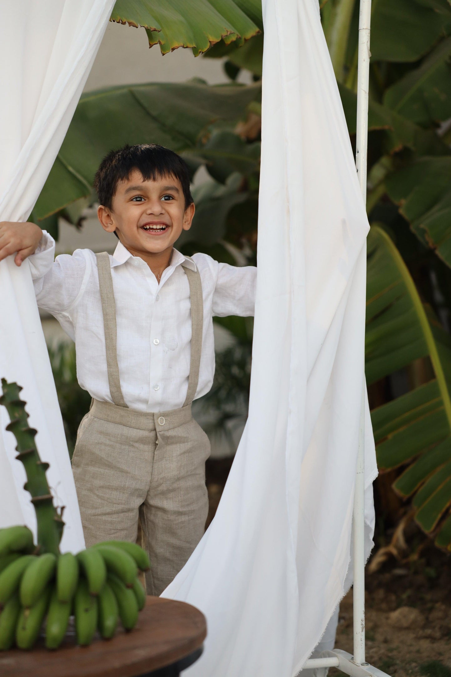 Country Chic Pure Linen Shirt Pants Suspendor Outfit Set - Khakhi Colour