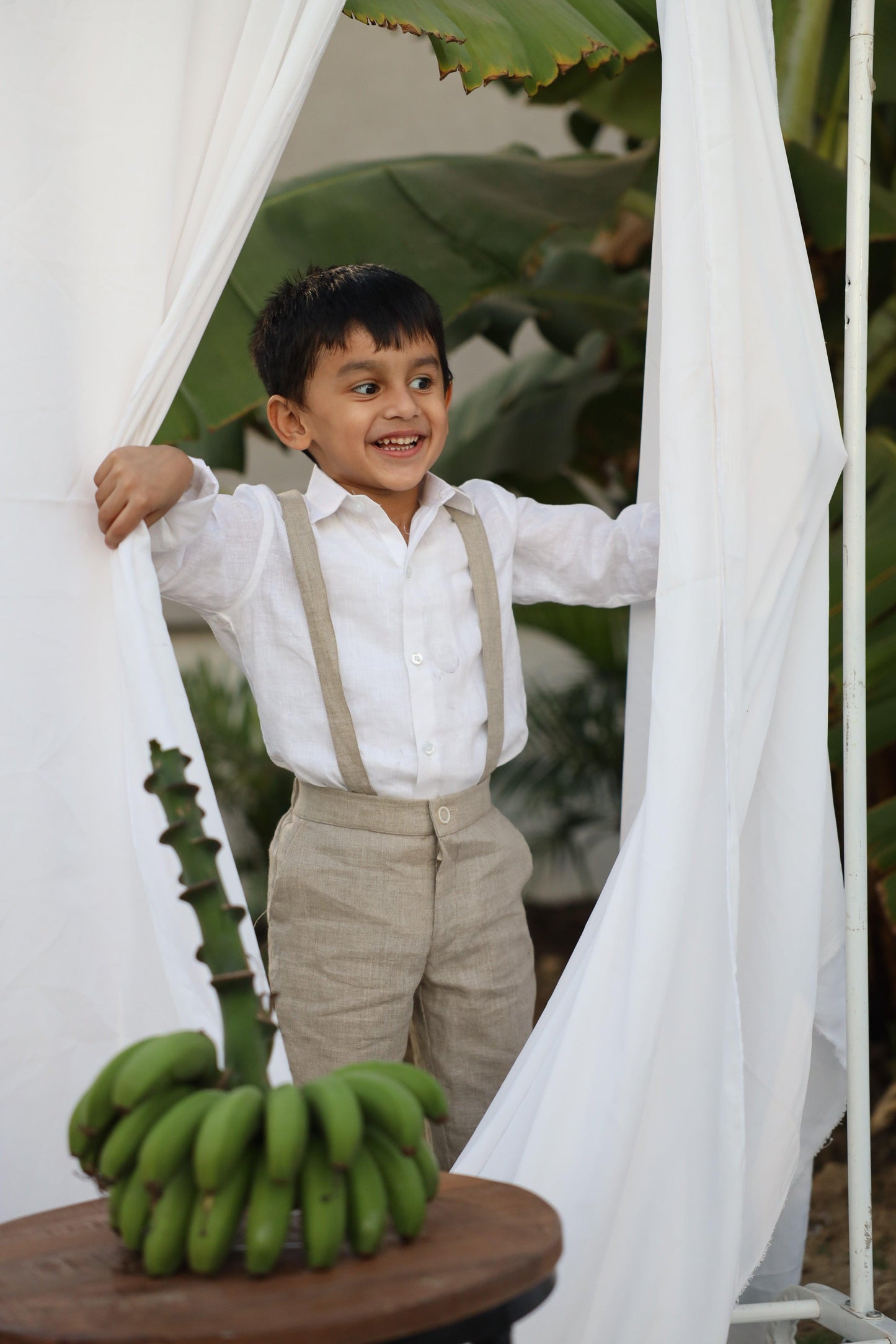 Country Chic Pure Linen Shirt Pants Suspendor Outfit Set - Khakhi Colour