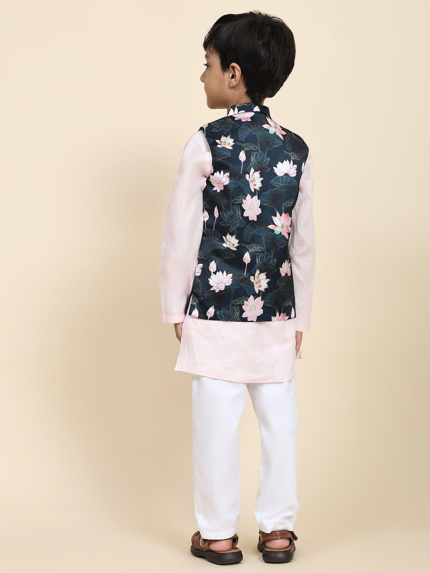 Lotus Print Satin Koti with Pink Kurta White Pajama Set - Funny Bones Clothings