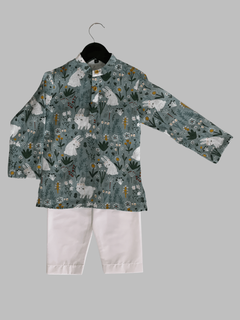 White Rabbit Printed Pure Linen Kurta Pure Cotton Pajama Set - Funny Bones Clothings