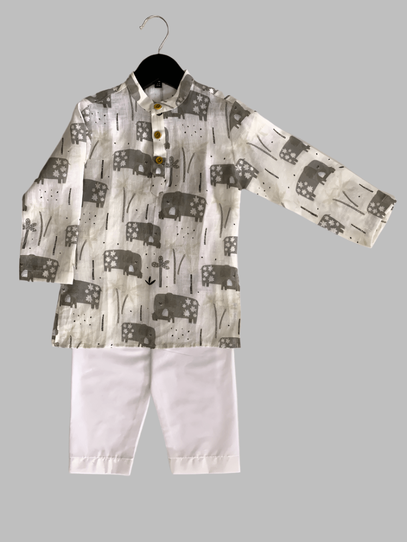 Enchanted Elephant Printed Pure Linen Kurta Pure Cotton Pajama Set - Funny Bones Clothings