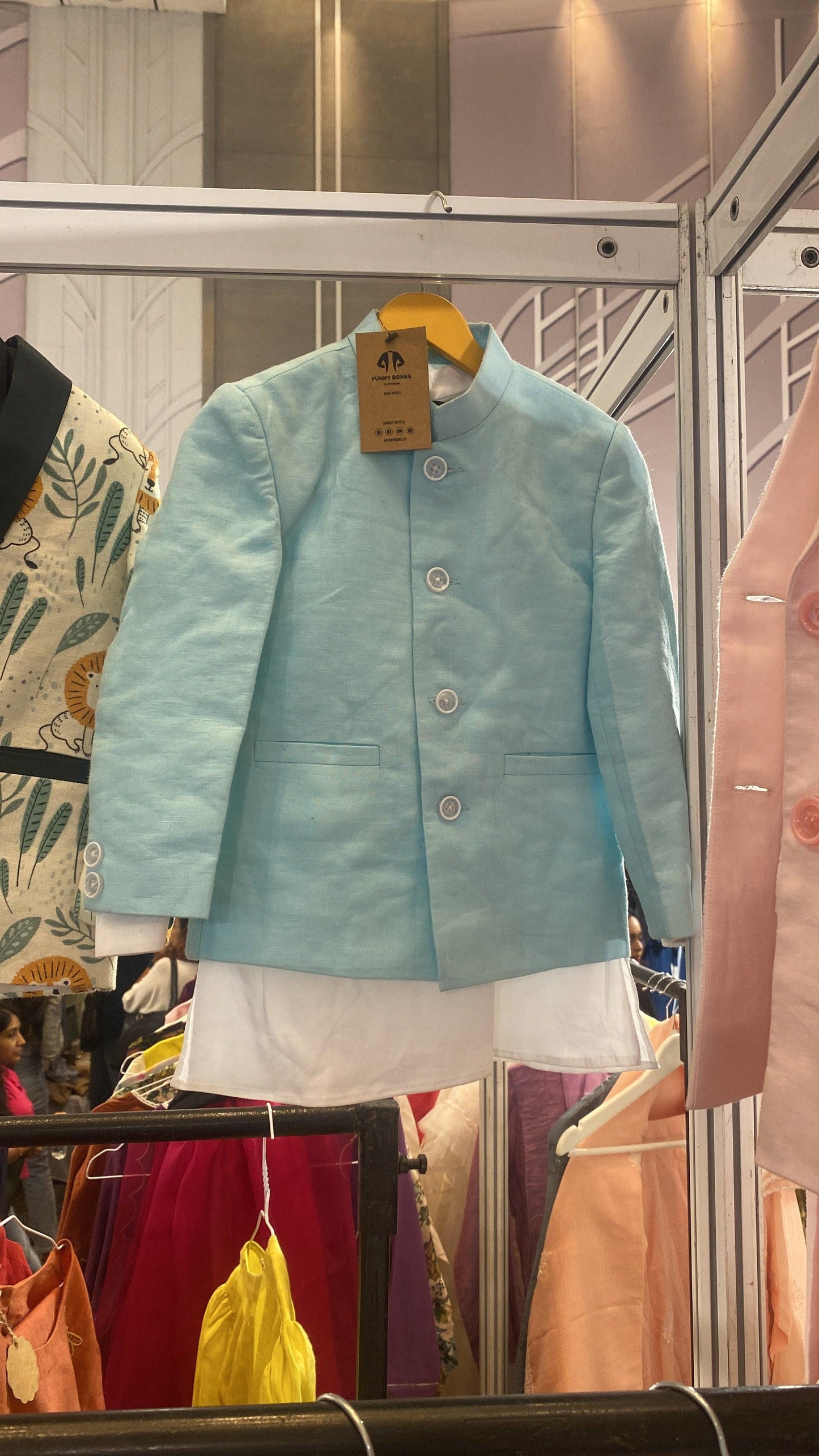 Solid Sky Blue Pure Linen Bandgala Blazer with White Kurta Pajama Set - Funny Bones Clothings