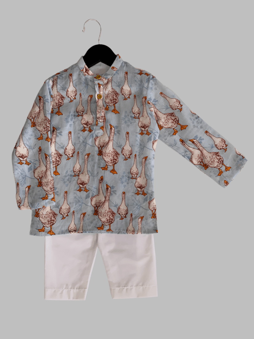 Goose Printed Pure Linen Kurta Pure Cotton Pajama Set - Funny Bones Clothings