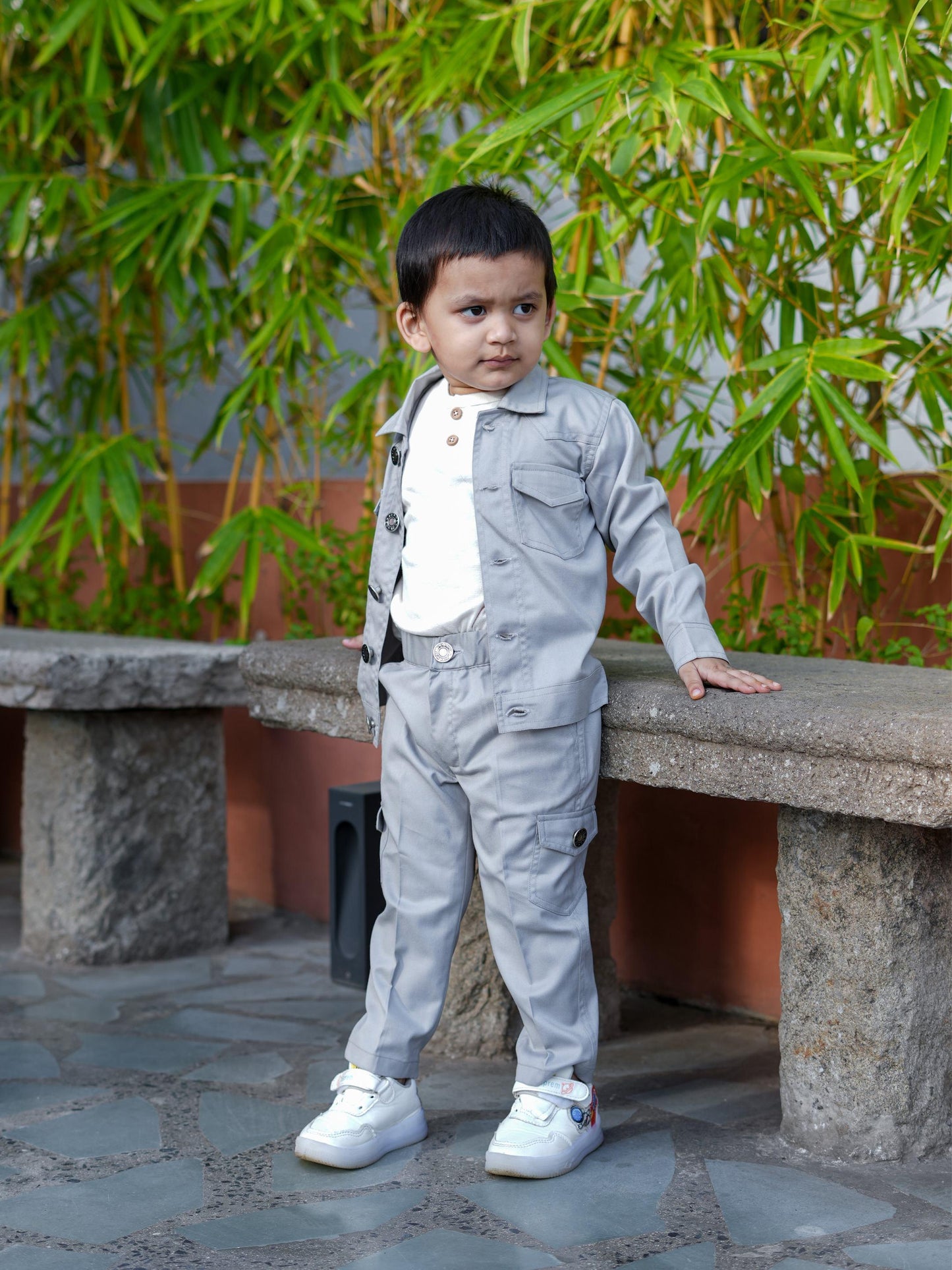 Korean Themed Jacket Cargo Pants Set ( Light Grey ) - Funny Bones Clothings