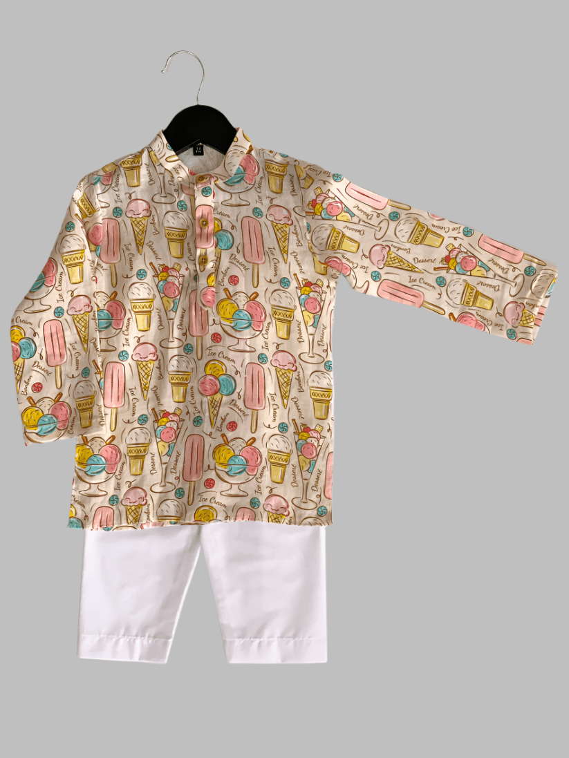 Ice cream and Candies Printed Pure Linen Kurta Pure Cotton Pajama Set - Funny Bones Clothings