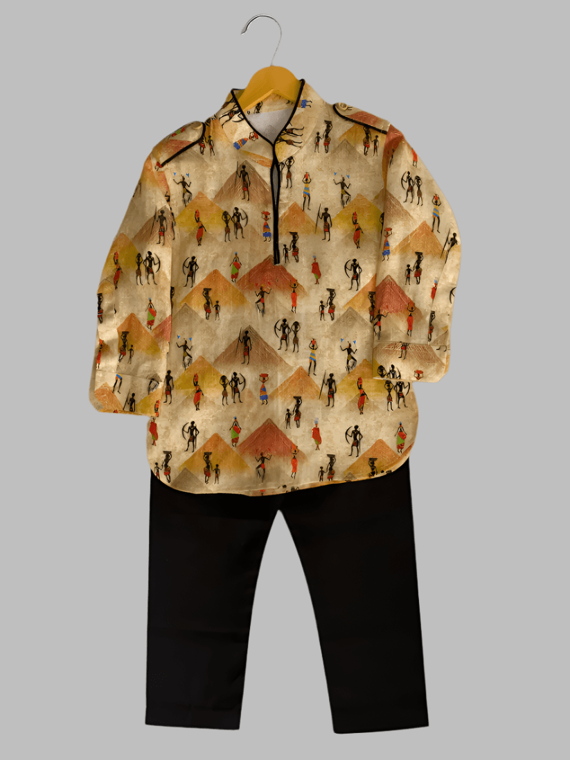 Pyramid Printed Pure Linen Kurta Pure Cotton Pajama Set - Funny Bones Clothings