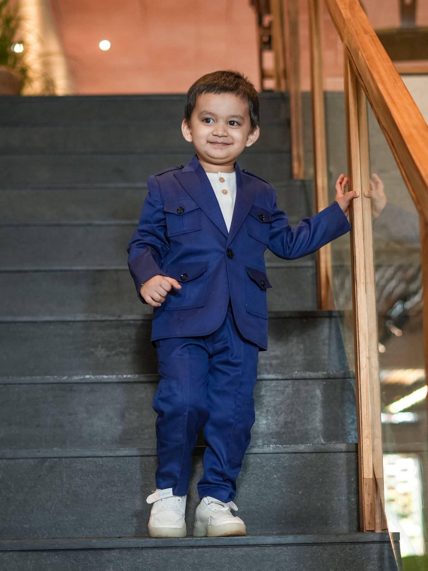 Korean Themed Multi Pocket Causual Blazer Set ( Royal Blue ) - Funny Bones Clothings