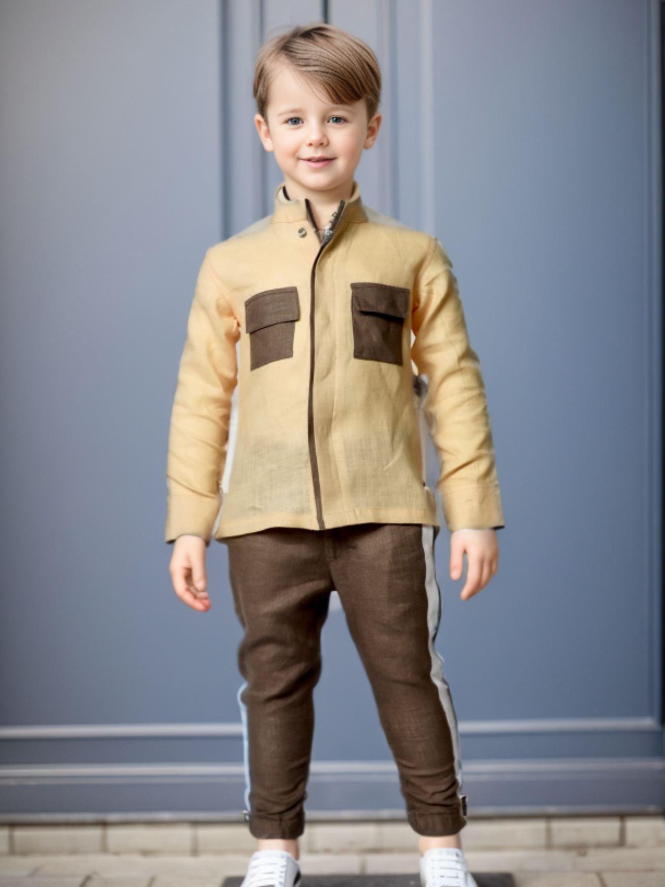 Pocketed Styled Pure Linen Premium Co-ords - Peach- Brown - Funny Bones Clothings