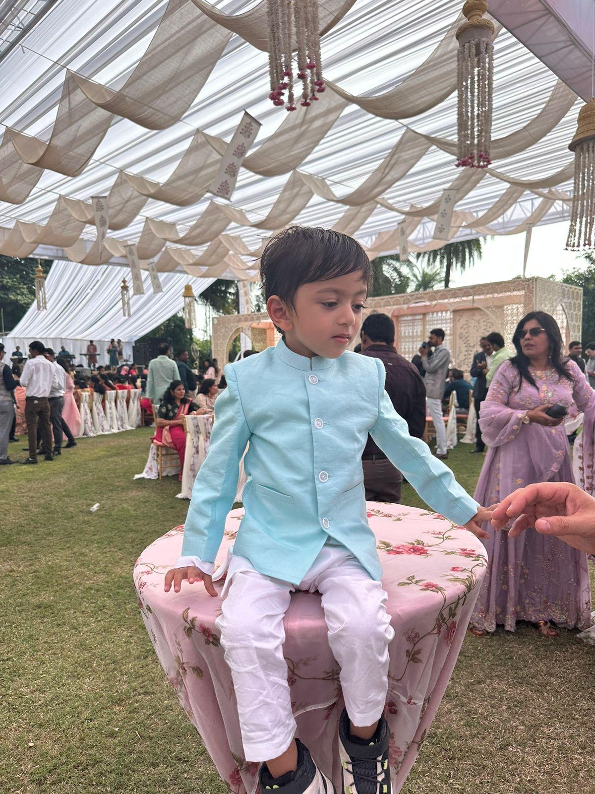 Solid Sky Blue Pure Linen Bandgala Blazer with White Kurta Pajama Set - Funny Bones Clothings