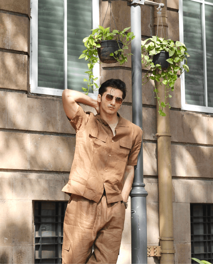 Solid Colour Pure Linen Co-ord Sets - Brown - Funny Bones Clothings