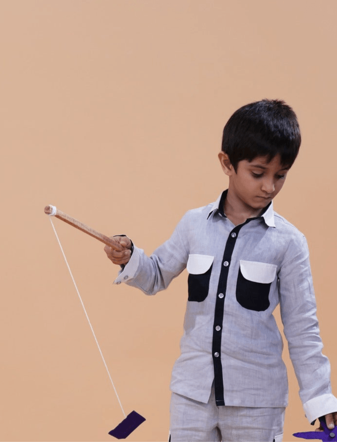 Cargo Pocket Style Grey Color Pure Linen Shirt