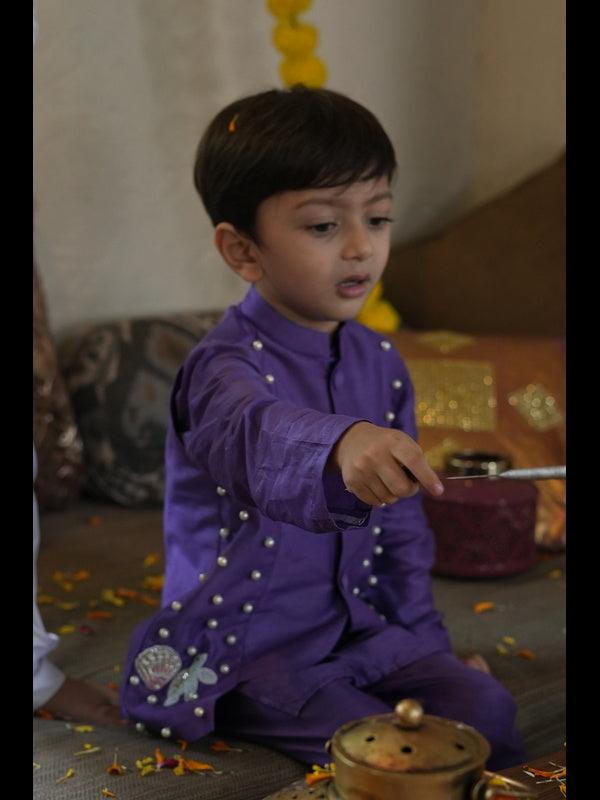 Pearls embedded Waterlife Pure Muslin Silk Koti Kurta Pajama Set - Funny Bones Clothings