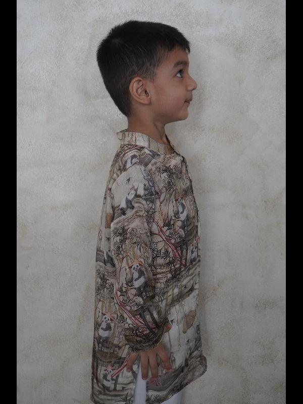 Panda in the woods Print Pure Muslin Silk Kurta Pajama Set - Funny Bones Clothings