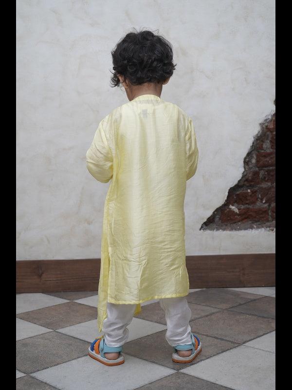 Designer Pleats Pure Muslin Silk Kurta Pyjama Set - Yellow Color - Funny Bones Clothings
