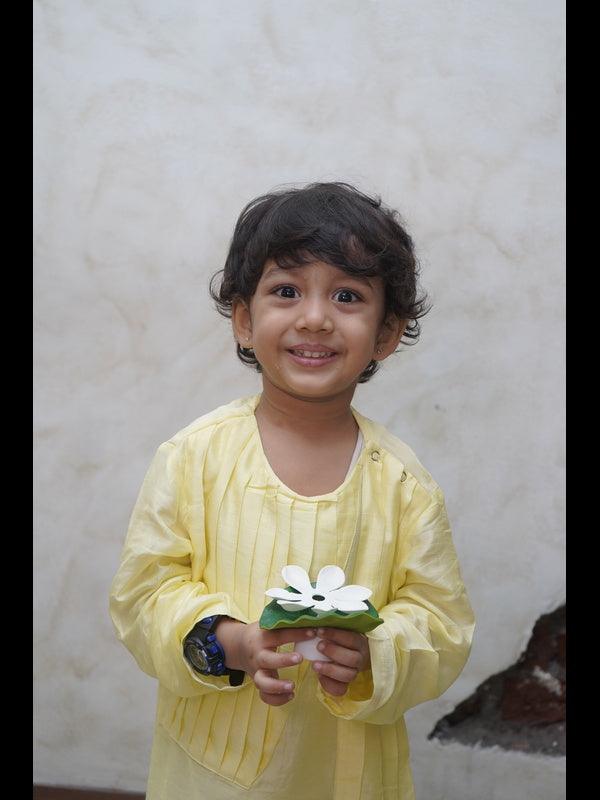 Designer Pleats Pure Muslin Silk Kurta Pyjama Set - Yellow Color - Funny Bones Clothings