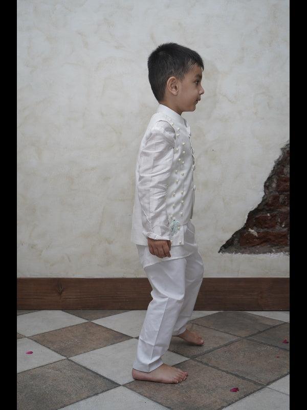 Pearls embedded Waterlife Pure Muslin Silk Koti Kurta Pajama Set - Off White Color - Funny Bones Clothings