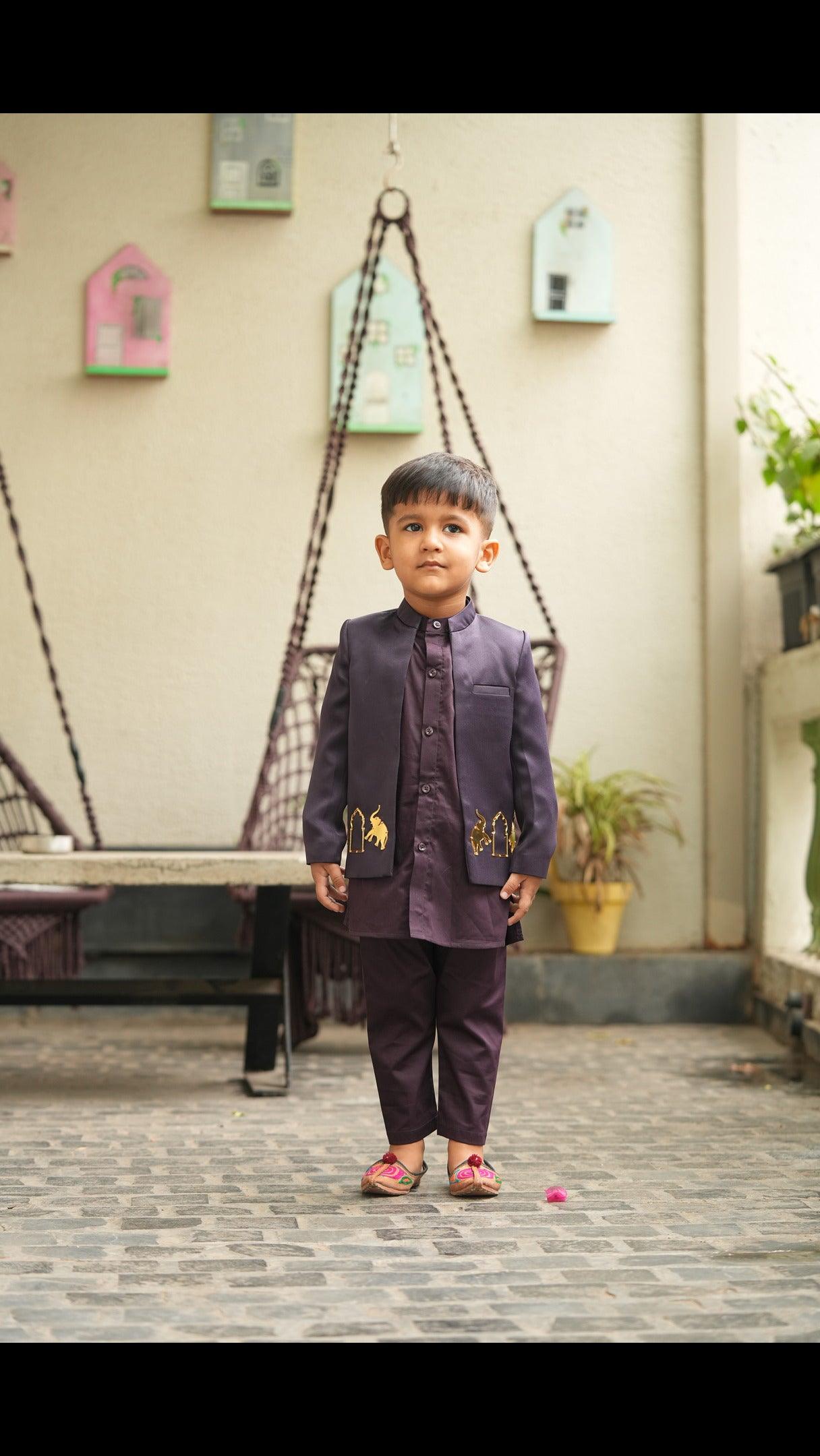 Royal Elephant Work Premium Satin Jodhpuri Open Jacket with Kurta Pajama Set - Funny Bones Clothings
