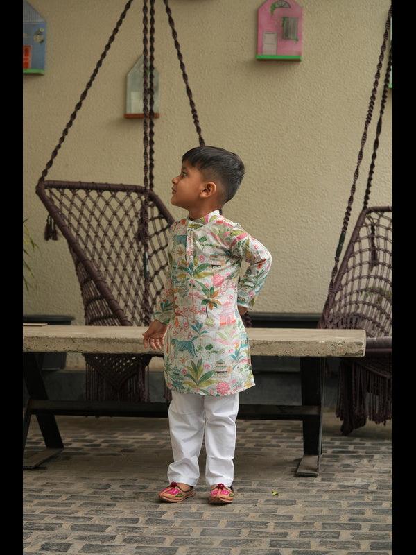 Tibetian Life Print Pure Muslin Silk Kurta Pajama Set - Funny Bones Clothings