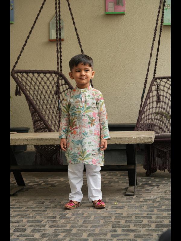 Tibetian Life Print Pure Muslin Silk Kurta Pajama Set - Funny Bones Clothings