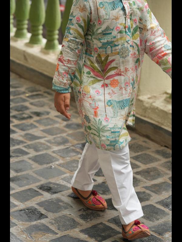 Tibetian Life Print Pure Muslin Silk Kurta Pajama Set - Funny Bones Clothings