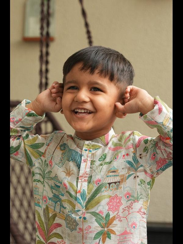 Tibetian Life Print Pure Muslin Silk Kurta Pajama Set - Funny Bones Clothings