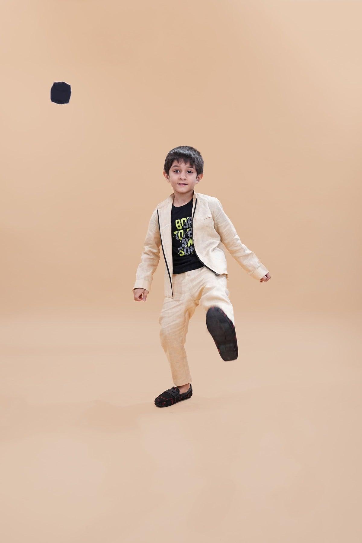 Jacket Pants Styled Pure Linen Co-ords (Beige Colour) - Funny Bones Clothings