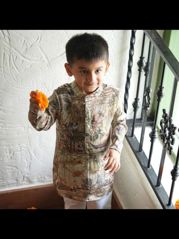 Panda in the woods Print Pure Muslin Silk Kurta Pajama Set - Funny Bones Clothings