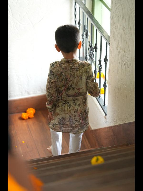 Panda in the woods Print Pure Muslin Silk Kurta Pajama Set - Funny Bones Clothings