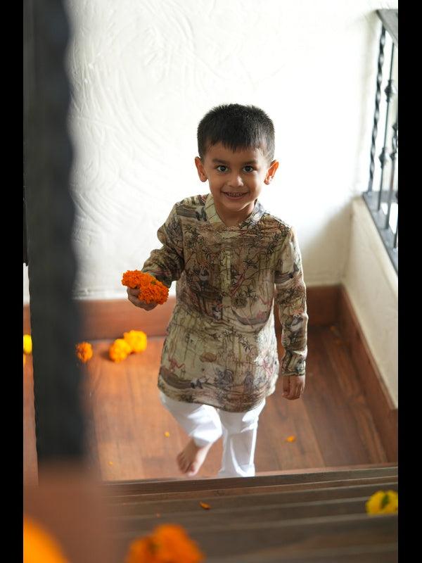 Panda in the woods Print Pure Muslin Silk Kurta Pajama Set - Funny Bones Clothings