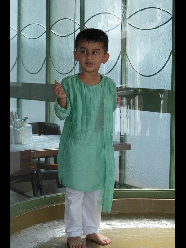 Designer Pleats Pure Muslin Silk Kurta Pyjama Set - Mint Green Color - Funny Bones Clothings
