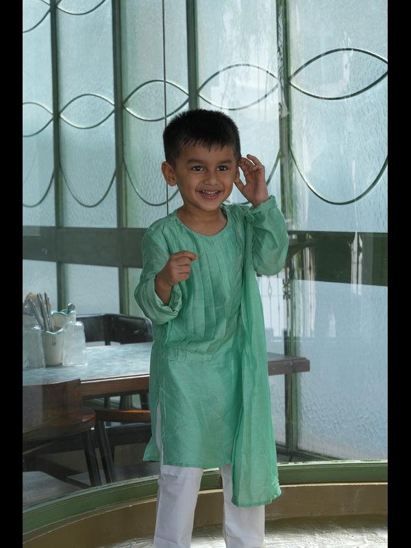 Designer Pleats Pure Muslin Silk Kurta Pyjama Set - Mint Green Color - Funny Bones Clothings
