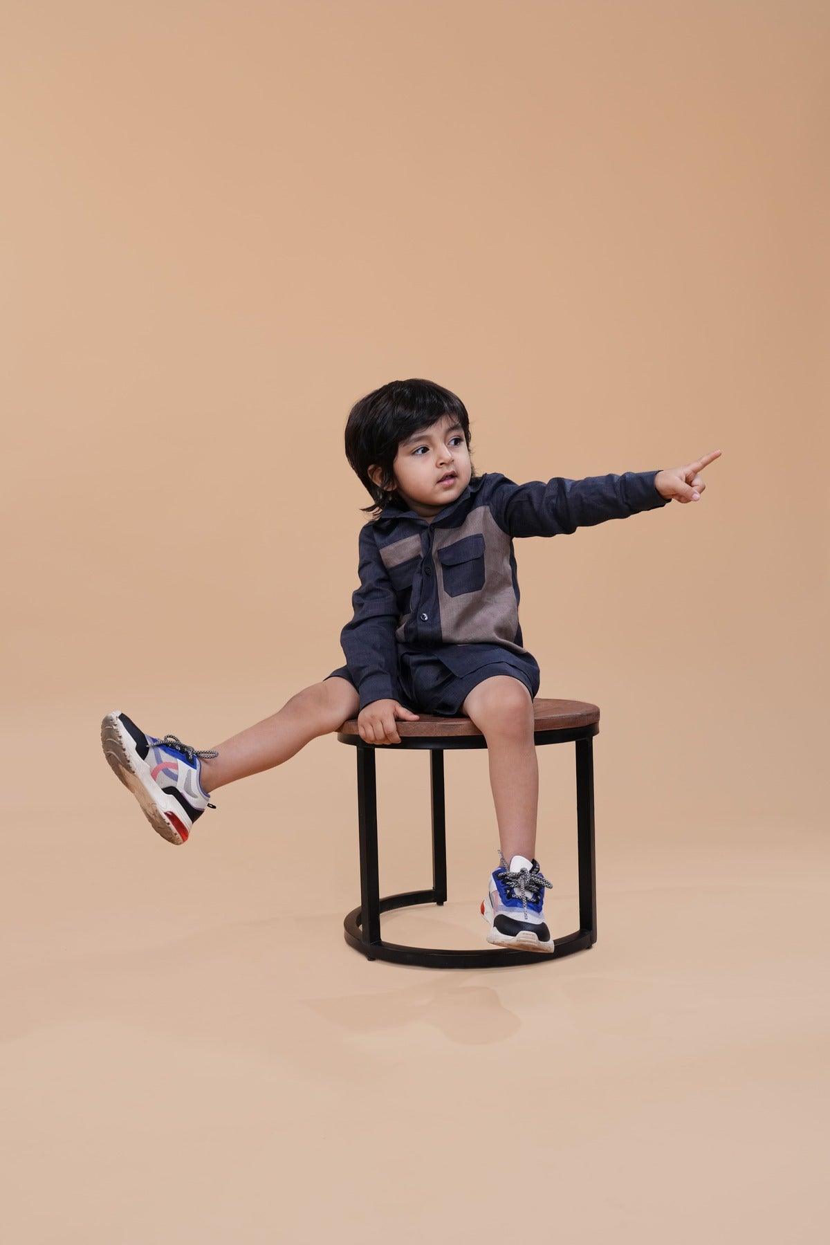 Designer Pocket Pure Linen Coord (Charcoal Grey brown Colour) - Funny Bones Clothings