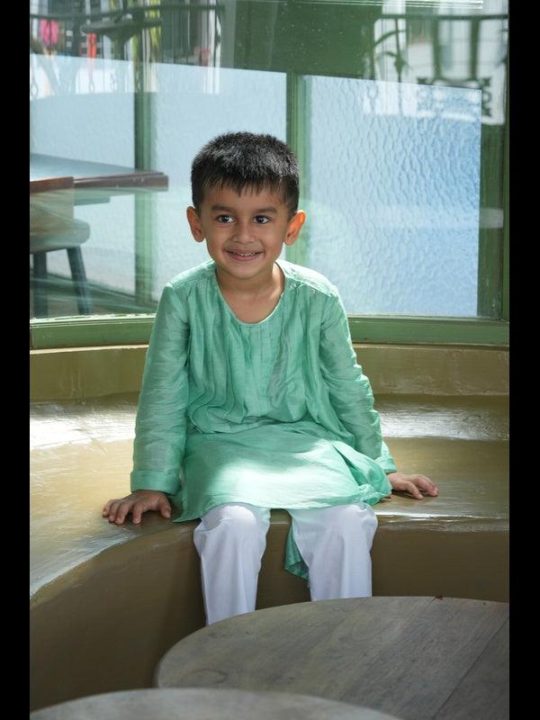 Designer Pleats Pure Muslin Silk Kurta Pyjama Set - Mint Green Color - Funny Bones Clothings