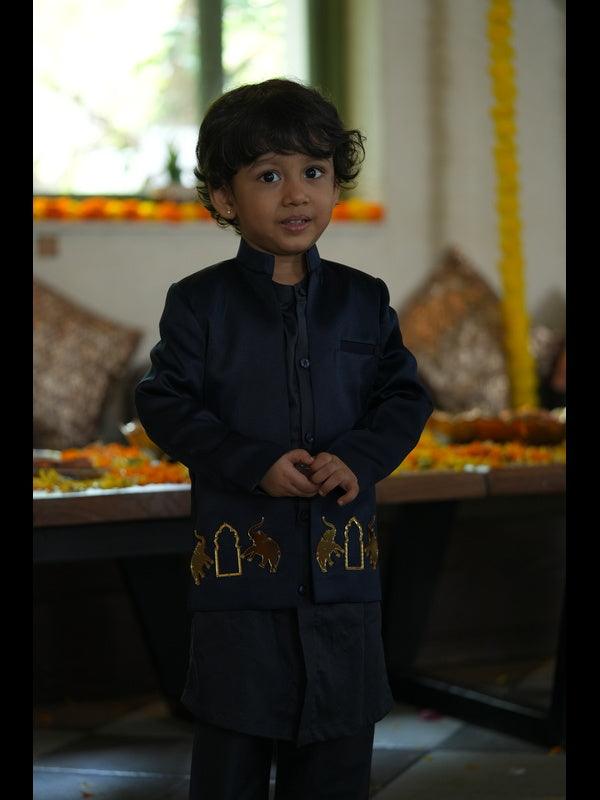 Royal Elephant Work Premium Satin Jodhpuri Open Jacket with Kurta Pajama Set - Dark Blue Color - Funny Bones Clothings