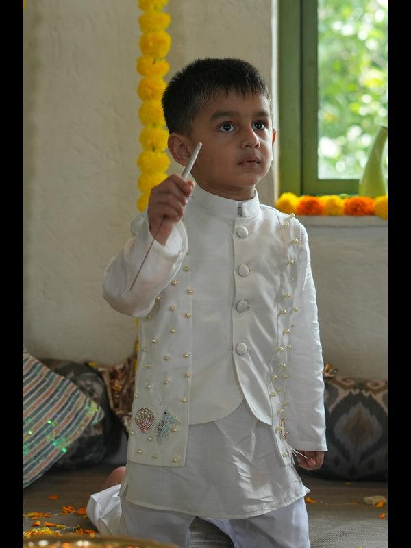 Pearls embedded Waterlife Pure Muslin Silk Koti Kurta Pajama Set - Off White Color - Funny Bones Clothings