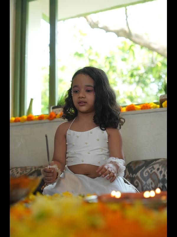 Pearls embedded Waterlife Handwork Pure Muslin Silk Top & Skirt Set - Off White Color - Funny Bones Clothings